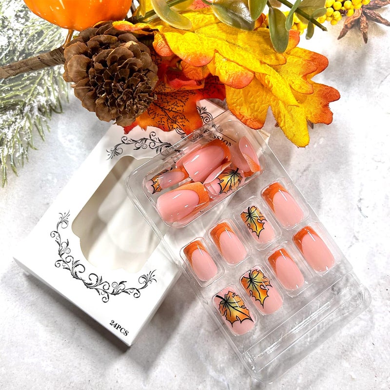 CJDLTS Orange French Press on Nails Short Square Thanksgiving Maple Leaf False Nail Full Cover Glossy Acrylic Stick on Nail Fall Artificial Fingernails Press Ons Festival Glue on Nails for Women 24Pcs - Image 5